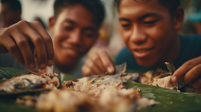 People enjoying Bangus Festival in Philippines eating food