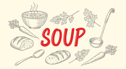 Black and white sketch illustration with central red SOUP text and surrounding food elements © Julian Vance