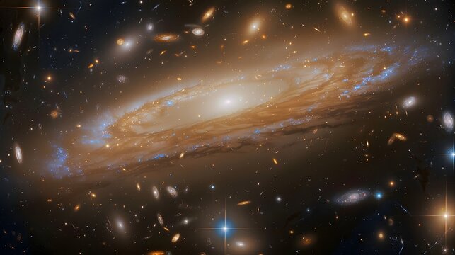 黄金に輝く巨大楕円銀河と深宇宙の星々