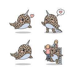Cute cartoon narwhal character set with leopard print and children on white background © TahminaStock