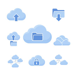 Obraz premium Cloud storage icons depicting upload, download, and security features in a minimalist design