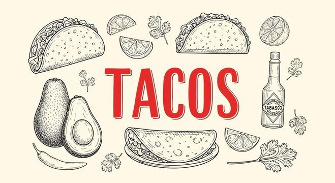 Vintagestyle illustration featuring the word TACOS surrounded by Mexican food ingredients