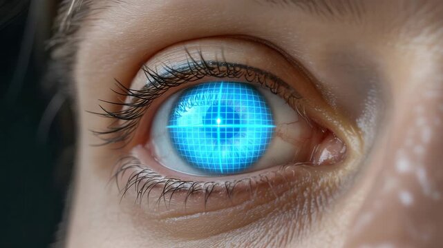 Futuristic eye scan with digital grid overlay on blue iris