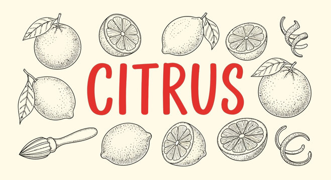 Vintagestyle illustration of various citrus fruits slices and a reamer with the word CITRUS in red
