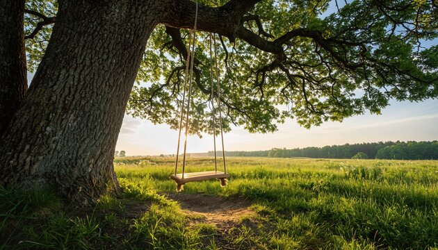 Empty wooden swing hanging from old tree in sunlit green field at sunset