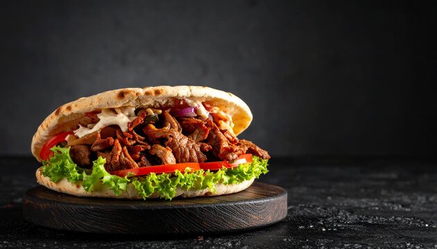 Turkish doner kebab on golden toasted pita bread, copy space