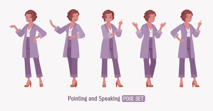 Attractive business woman in purple blouse speaking pose set. Ankle length trousers long-sleeved knee length lavender cardigan, high-heeled sandals elegant lady. Vector flat style cartoon illustration