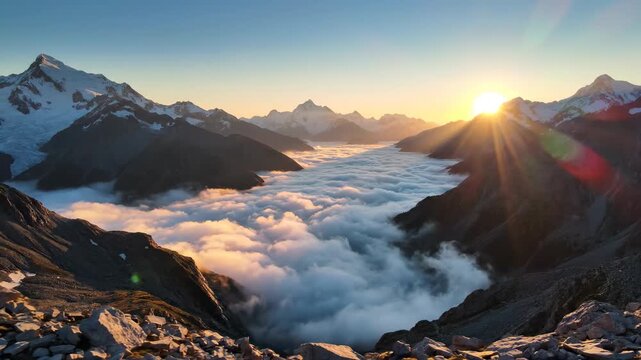 Majestic mountain range at sunrise with cloud inversion filling the valley, bathed in golden light and dramatic sunburst
