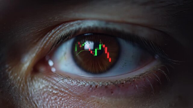 Close-up of human eye with dynamic stock market graph reflection, symbolizing financial insight, market analysis, and investment decision-making, representing business acumen and trading expertise