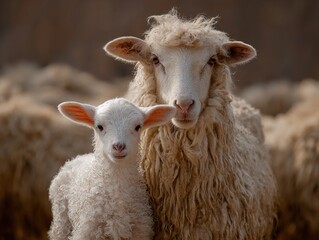 Naklejka premium A mother sheep and her lamb standing together in a field