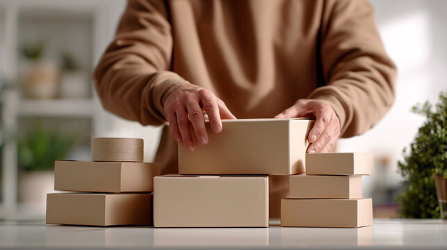 Hands arranging cardboard boxes on table, brown sweater, packing tape roll. Order fulfillment packaging, e-commerce shipping preparation, small business delivery, home office workspace, beige boxes.