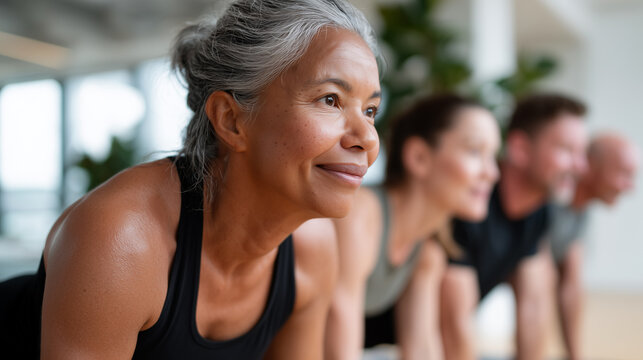 Smiling mature woman with grey hair doing functional training exercise in bright modern studio alongside diverse group of adults, healthy active lifestyle concept.