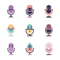 Collection of diverse microphone icons in various colors and patterns on a clean white background © Rimon