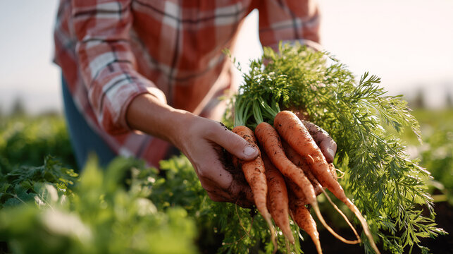 Woman farmer holding bunch of fresh organic carrots with green tops, dirt on roots. Sustainable agriculture harvest, homegrown vegetables, rural farm lifestyle, healthy produce concept.
