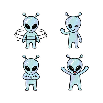 Cartoon alien characters showing various emotions and actions in a simple design style
