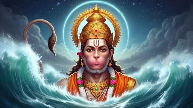 Divine Lord Hanuman Emerging from Ocean Waves under Starry Sky &ndash; Spiritual Hindu Artwork. 