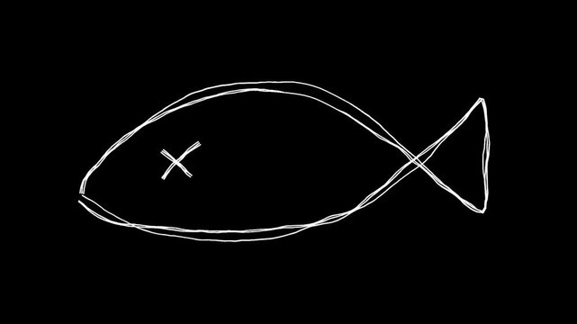 魚の落書き線画イラスト。線が動く手描きのアイコン動画。ループする4Kアニメーション。黒背景に白いペンでフリーハンドで描いた絵のデコレーションスタンプ