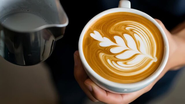 A barista's steady hand pouring steamed milk into a shot of espresso, creating a perfect rosetta design in the foam. Top-down, macro shot