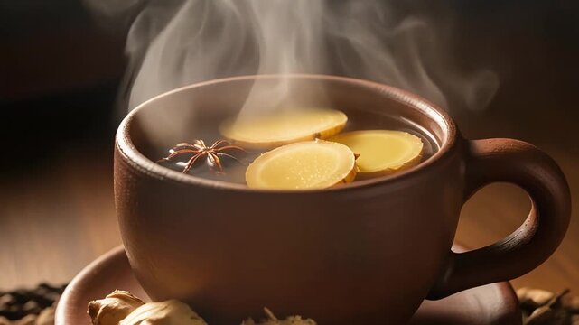 A close-up on a rustic clay cup of wedang jahe (ginger tea), with slices of ginger and steam rising steadily into the cold air, cozy and warm aesthetic