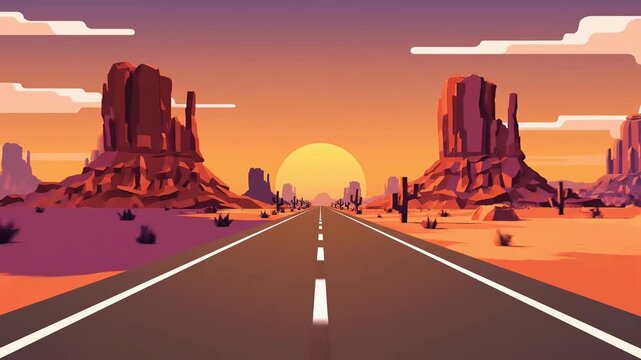 Minimalist Flat Vector Animation of Desert Highway Sunset Route 66 Centennial