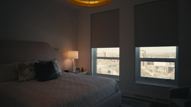 Modern bedroom with shades raising to reveal sunlight through windows, illuminating bed, lamp, and clean interior design