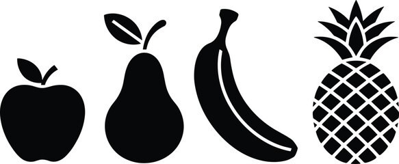 Fruit silhouettes set with apple, pear, banana and pineapple icons isolated on white background for healthy food design © MdGolam