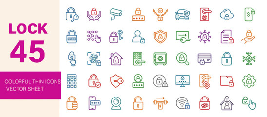 Collection of colorful security icons representing various lock concepts and cybersecurity elements in a grid layout © Muhammad