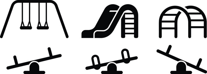 Playground equipment silhouettes with swing set, slide, climbing arch and seesaw icons isolated on white background for kids park design