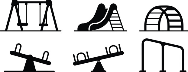 Playground equipment silhouettes set with swing, slide, seesaw, climbing dome and monkey bars isolated on white background © MdGolam