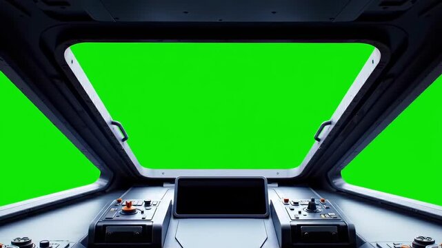 Inside view from a spaceship cockpit window looking out with green screen display.