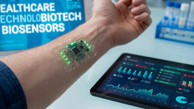 Wearable biosensor transparent patch forearm streaming real time health sensor and monitor circuit to tablet dashboard displaying heart rate