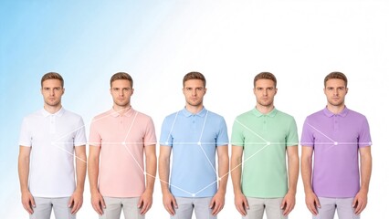 Obraz premium Multiple portraits of same man connected by data lines,concept of identity recognition,facial analysis and digital transformation in biometric technology