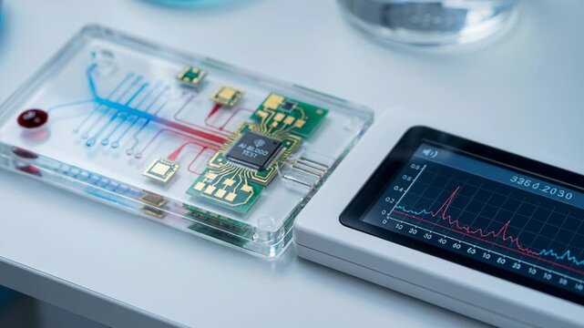 Wearable biosensors microfluidic board with electronic chip monitoring blood sample on medical diagnostic display for laboratory analysis