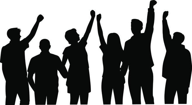 Set of black silhouettes featuring a diverse group of people raising fists for success, victory, and unity