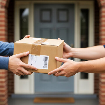 Hands Exchanging Cardboard Package at Home Doorstep Delivery