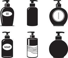 Liquid Soap Pump Bottle Icon Set in Flat Silhouette Style Vector