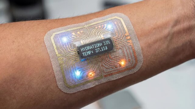 Wearable biosensor patch forearm displaying hydration 33% and body temperature 37.1&deg;C with flexible sensor circuit and illuminated LED indicators