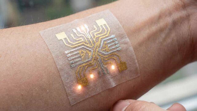 Wearable biosensors flexible adhesive patch with metallic circuitry glowing on forearm and wrist sensor monitoring heart signals motion in real time
