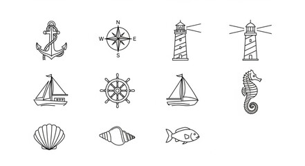 Collection of nautical themed illustrations featuring various maritime elements in monochrome style. © Wir