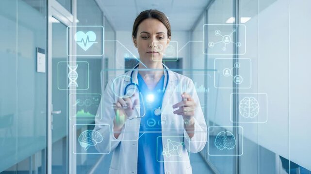 Doctor medical professional wearing wearable biosensors and stethoscope interacting with transparent health data biosensors display showing heart DNA