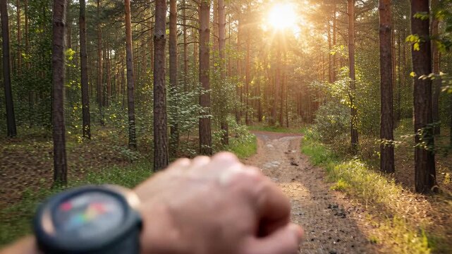 Wearable biosensor fitness watch heart rate graph wrist tracker for outdoor trail run sunrise forest motion blur sweat sunlight