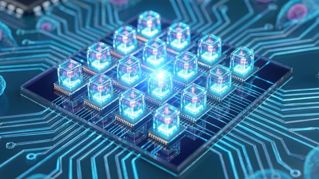 Wearable biosensors microchip sensor circuit platform glowing blue with integrated sensor network and cellular neural interface ambient