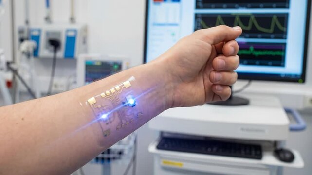 Flexible wearable biosensor patch forearm for medical monitoring of vital heart signals with glowing sensor and clinical monitoring equipment