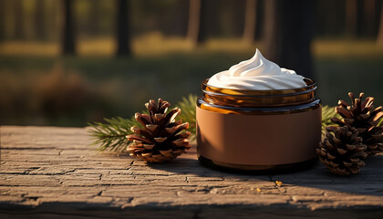 Body butter beside pinecones in forest setting symbolizing natural winter skincare