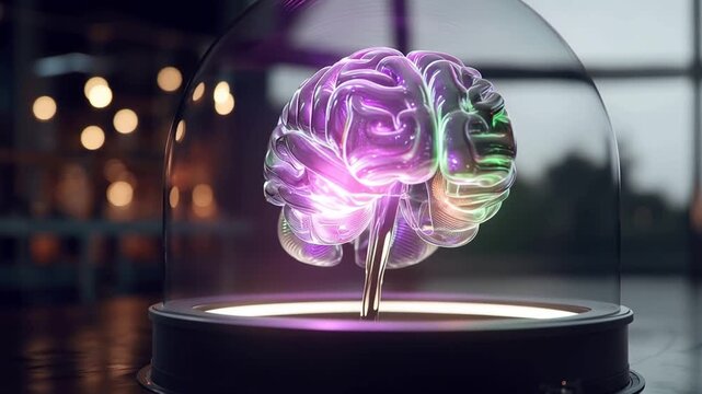 Glowing brain inside a glass dome conceptual visualization