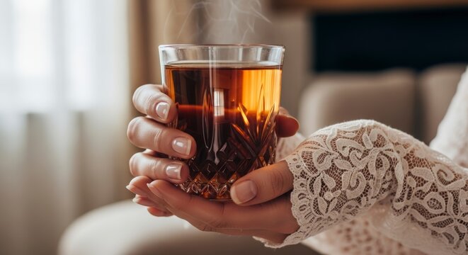 Woman Holding Glass of Dark Liquid.