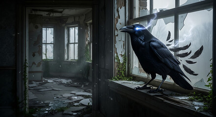 Fototapeta premium Black Crow Sitting by Window in Dark Room, Mysterious Night Scene Concept