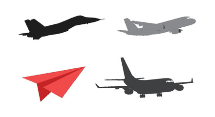 Diverse Aircraft Silhouettes Fighter Jet Commercial Passenger Planes and a Vibrant Red Paper Airplane Icon.