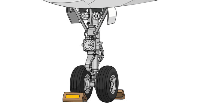 Detailed grey aircraft main landing gear with black dual wheels and brown chocks vector illustration.