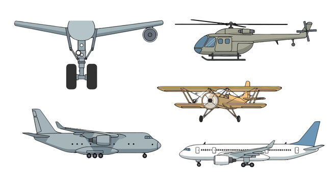 Diverse cartoon aircraft illustrations modern jet cargo plane vintage biplane helicopter and airplane landing gear.